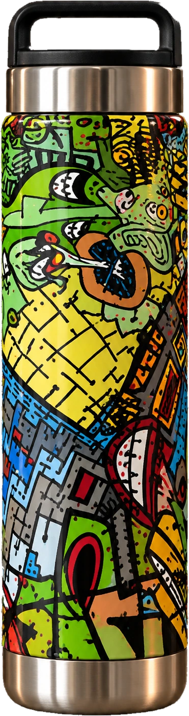 Stainless steel water bottle with colorful abstract artwork