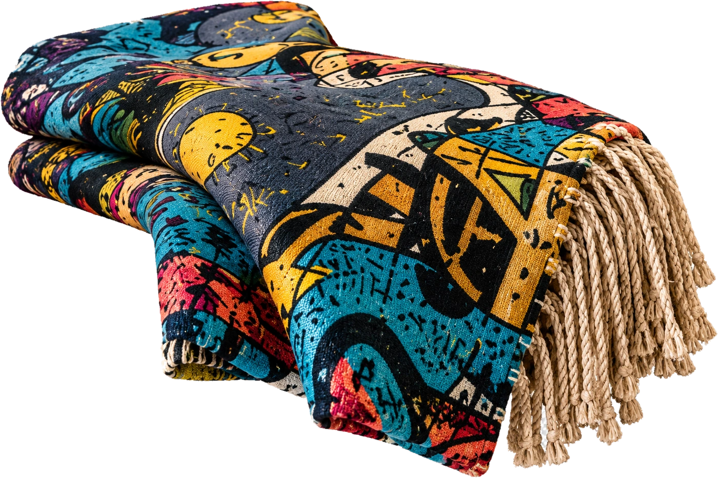 Folded art throw blanket with beige fringe