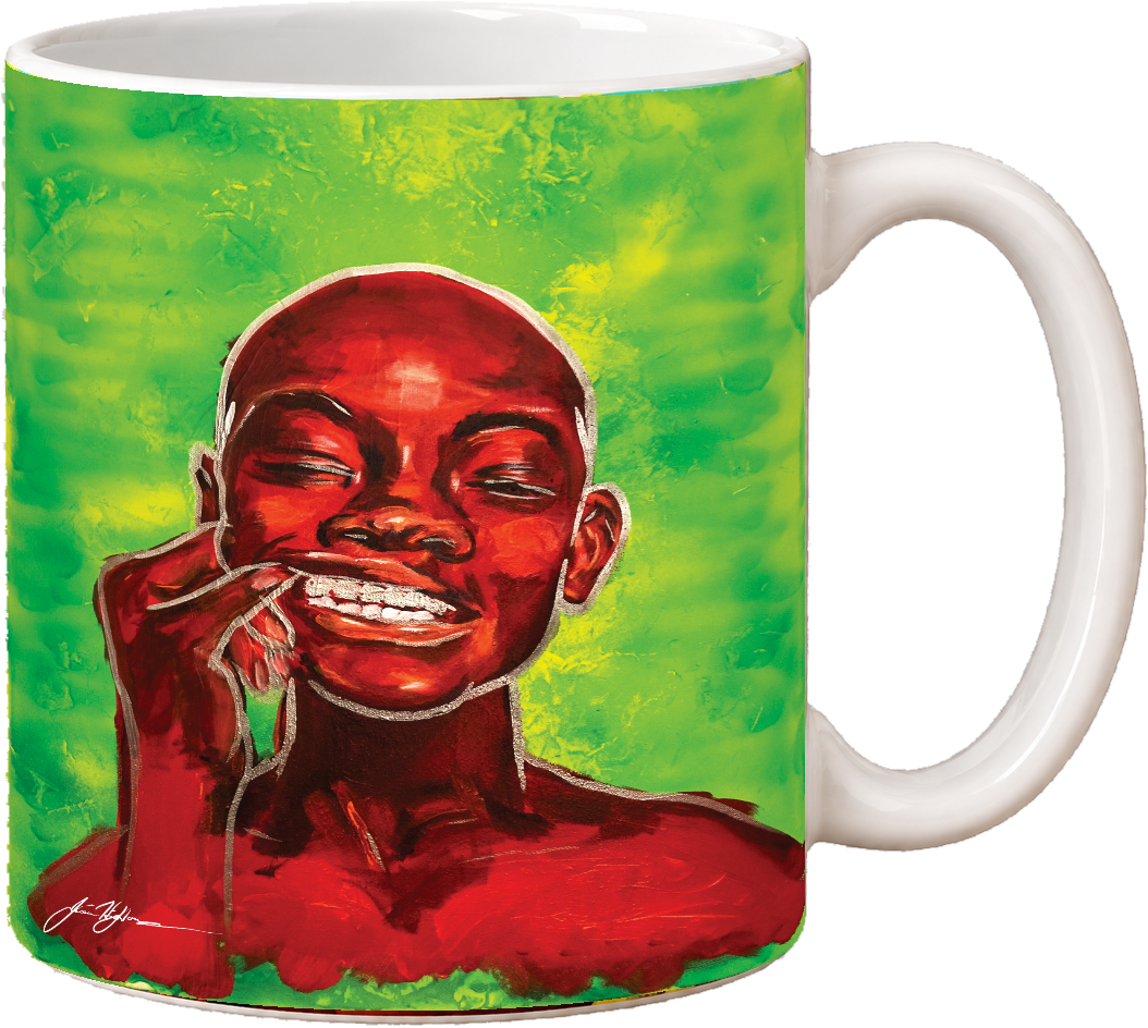 Ceramic mug with a colorful smiling portrait and white handle