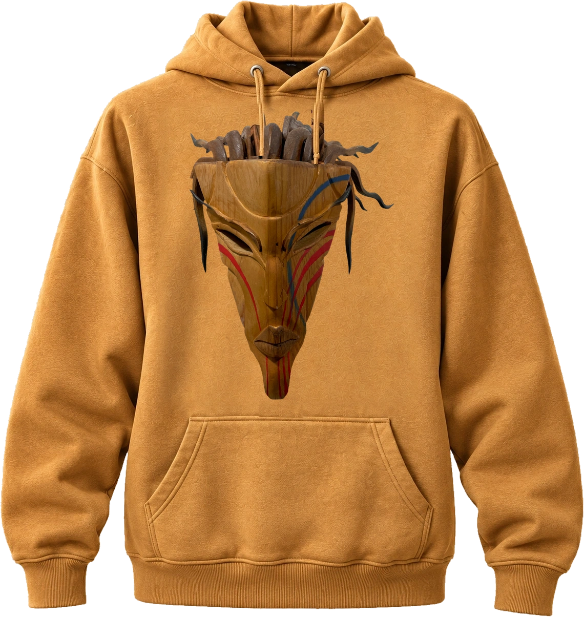 Golden tan hoodie with carved mask artwork